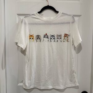 White T-Shirt with Cute Cats in a Digital Style Print